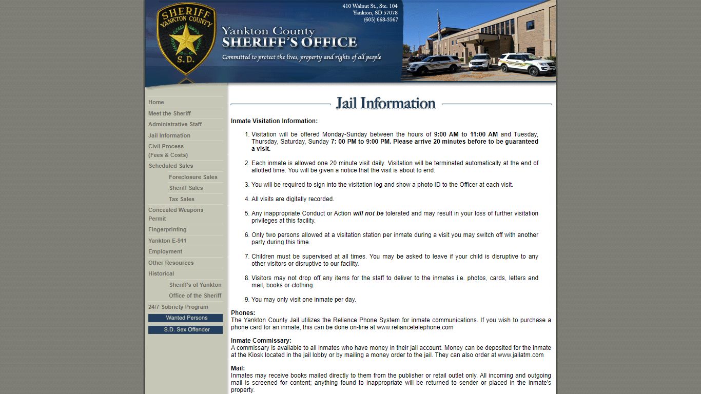 Inmate Visitation Information: - Yankton County Sheriff